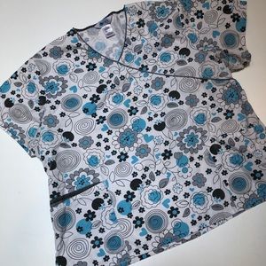 Scrub Elements Top Sz XL. White w teal gray floral